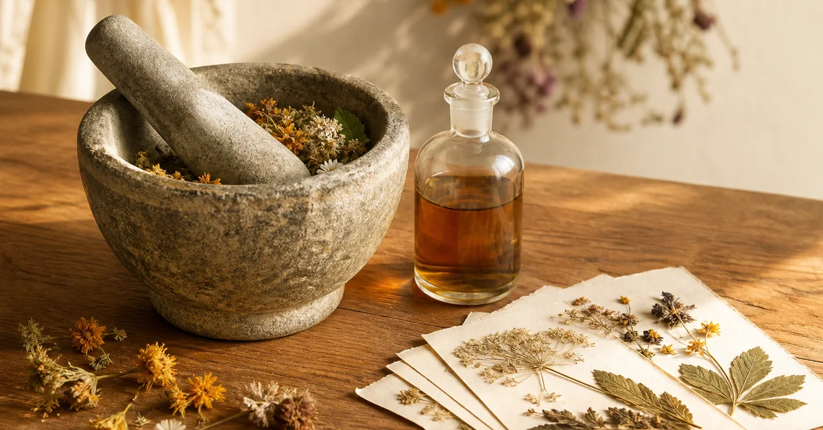 Heilkräuter, Mörser und Tinkturen in einer Naturheilpraxis