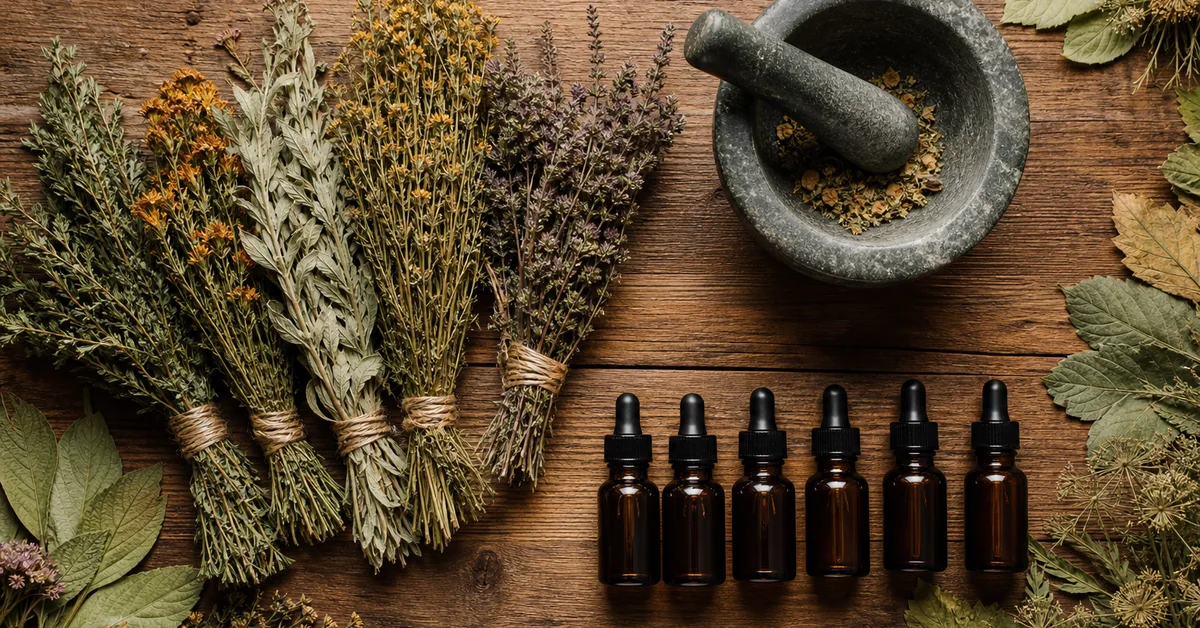 Naturheilpraxis mit Heilkräutern und Mörser